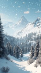 Snowy mountain landscape with fir trees and a clear blue sky during winter season