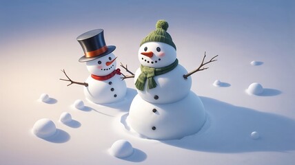 Fototapeta premium Two cheerful snowmen in winter scene, playful mood, festive atmosphere, snowy background, copy space