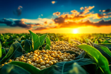 Grãos de soja sobre folhas, iluminada pela luz do por do sol