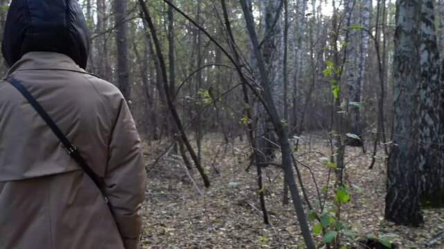 girl in a hooded cloak walks alone through the for