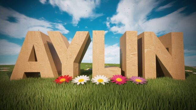 3D Stylized Text 'AYLIN' Surrounded by Colorful Flowers on Green Grass Under Blue Sky &ndash; Ideal for Personalization Projects.