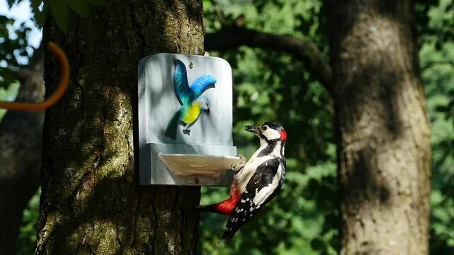 large red-headed woodpecker deftly pecks seeds