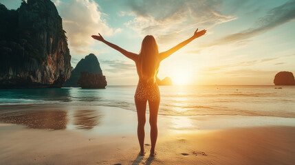 Summer lifestyle traveler woman joy fun nature scenic landscape sandy beach Pak Bia island Krabi, Famous landmark tourist travel Phuket Thailand holidays vacation, Tourism beautifu