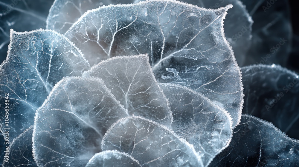 Poster close-up of frost-covered leaves showcasing intricate patterns and textures.