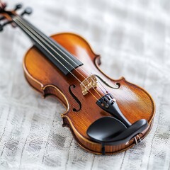Naklejka premium Close-up of a classic handcrafted violin on a textured surface.