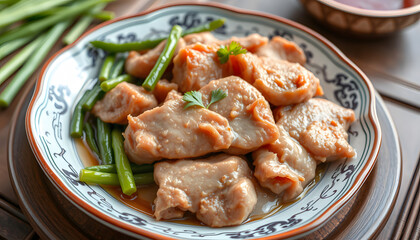 Fototapeta premium Dong Po Rou (Dongpo pork meat) in a beautiful plate with green vegetable, traditional festive food for Chinese new year cuisine meal, close up isolated with white highlights, png