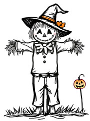 Drawn scarecrow for Halloween. Bright clip art on white background