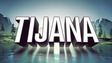 Stylized Landscape: Bold 3D Text 'TIJANA' Over Reflective Water Surrounded by Mountains and Forests; Ideal for Branding
