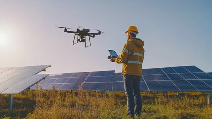 Electrical and instrument technician flying drone for temperature checking and maintenance electrical system at solar panel field.