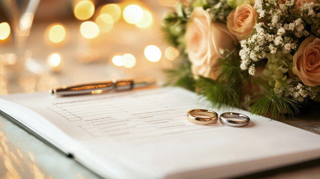 Elegant wedding rings on a marriage certificate with bouquet