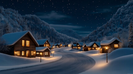 Fototapeta premium A winter background wallpaper featuring a beautiful cartoon-style snow-covered town at night. The streets are lined with cozy houses adorned with twinkling lights, and snow gently