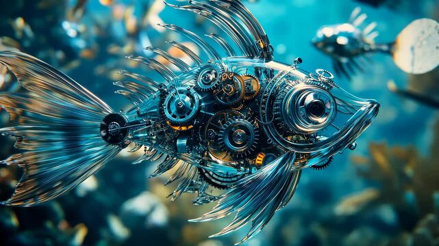 Mechanical fish gracefully swimming through an underwater world of visible gears and surreal marine life