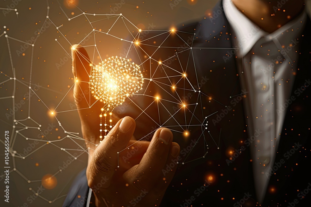 Poster hand of businessman touching a glowing brain and network connection on brown background