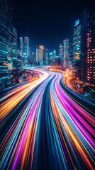 Fototapeta premium City skyline at night with colorful light trails on a busy highway under a starry sky