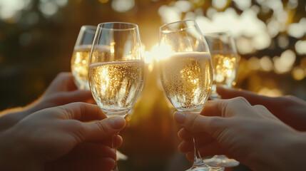 Obraz premium A group of friends enjoying glasses of chilled Sekt (champagne) outdoors at sunset. The light reflects off the golden bubbles in the glasses, with a beautiful view of the setting s