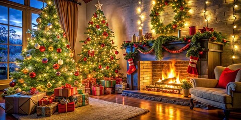 Fototapeta premium Elegant Christmas Living Room with Gifts Under Tree, Cozy Holiday Decor for Home Styling