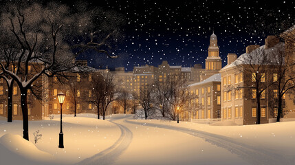 A detailed winter background wallpaper of a picturesque snow-covered town drawn in a charming cartoon style. The scene captures a peaceful night, with warm light spilling from wind