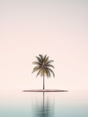 Obraz premium A tranquil tropical island features a solitary palm tree standing peacefully above still waters during sunset. Generative AI