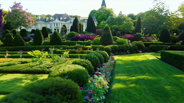 Serene and Picturesque Landscape Beautifully Manicured Garden with Lush Greenery, Vibrant Flowers, and Elegant Topiary Surrounding Grand Estate