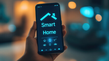 Human hand holding smartphone with house icon and "Smart Home" inscription on blurred room background, technology, mobile phone, home appliance control