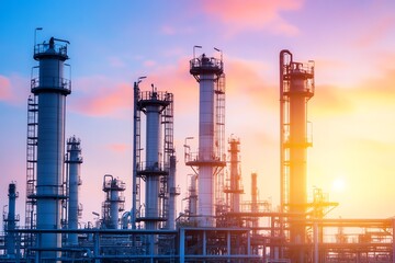 Fototapeta premium Stunning sunset view of industrial towers against a colorful sky, showcasing the beauty of modern infrastructure.