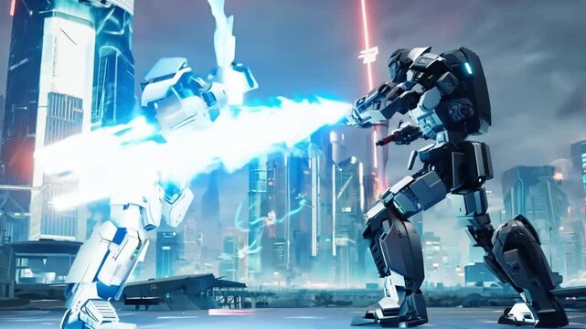 Giant robots engage in an intense battle within a futuristic city, wielding energy weapons and showcasing advanced technology in a dramatic display of power and destruction