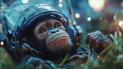 A charming chimpanzee lies in lush grass, donned in a shiny astronaut space suit, evoking awe, wander, and the beauty of nature.
