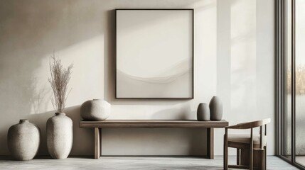 Minimalist interior design with a large frame mockup placed above a sleek console table, surrounded by decorative vases