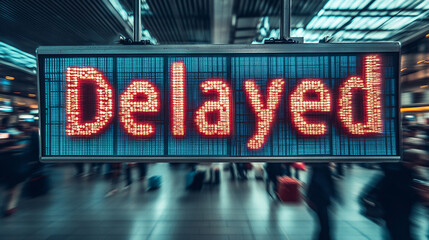 airport departure board displays the word "Delayed," symbolizing the frustration and anticipation of travelers waiting for their flights amidst busy airport activity