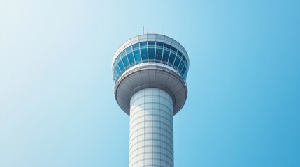 Modern skyscraper observation tower against a clear blue sky.