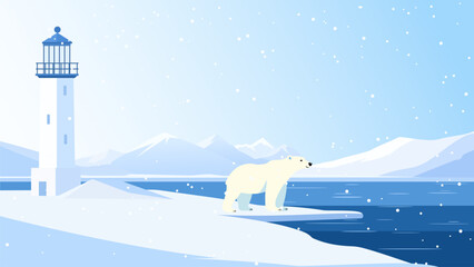 Polar bear with a lighthouse in the background. Beautiful polar bear stands on the edge of the shore against the backdrop of a landscape of large glaciers and icebergs. Vector winter illustration. © LoveSan
