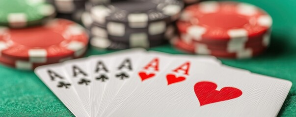 Playing cards and poker chips on a green felt table.