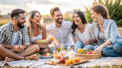 Fototapeta premium A group of friends laughing and enjoying a picnic outdoors, surrounded by baskets of fresh fruits and food. Ideal for themes of friendship, gatherings, and outdoor activities...