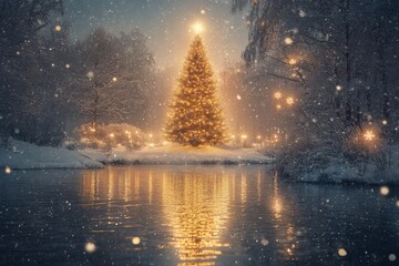 A beautifully lit Christmas tree reflected on a snowy riverbank in a winter landscape at night