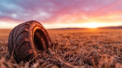 A solitary rustic tire rests among dried grasses, silhouetted against a breathtaking sunset, blending industrial remnants with the beauty of nature's golden hues.