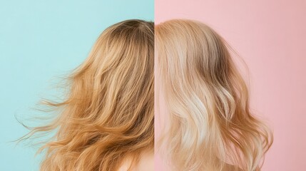 Fototapeta premium A clear division between damaged hair before treatment and sleek, nourished hair after, displayed against a clean, minimalist background.