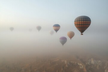 Obraz premium Hot air balloons float over the stunning rock formations of Cappadocia at sunrise on a clear morning