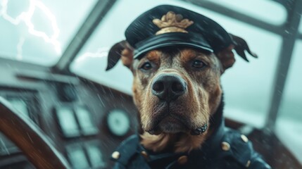 A determined dog wearing a captain's attire expertly handles the ship's wheel, facing a fierce storm, symbolizing courage and navigating through challenges.