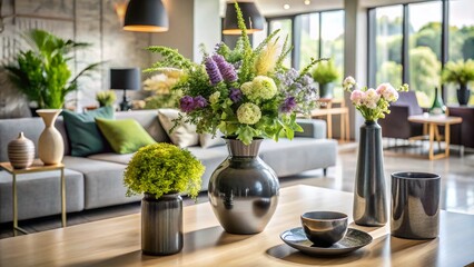Elegant Indoor Decor with Gray and Black Vases Featuring Herbal Gerard Bouquet for Home Aesthetic