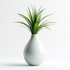 A single, green plant with long, narrow leaves in a white, teardrop-shaped vase against a white background.