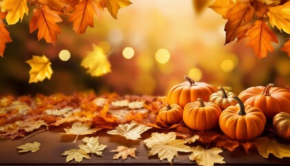 a vibrant autumn background with pumpkins and golden leaves scattered across