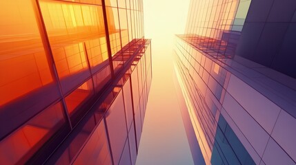 A dramatic view looking up at a skyline of towering high-rises, their sleek lines and reflective surfaces cutting through the bright sky.