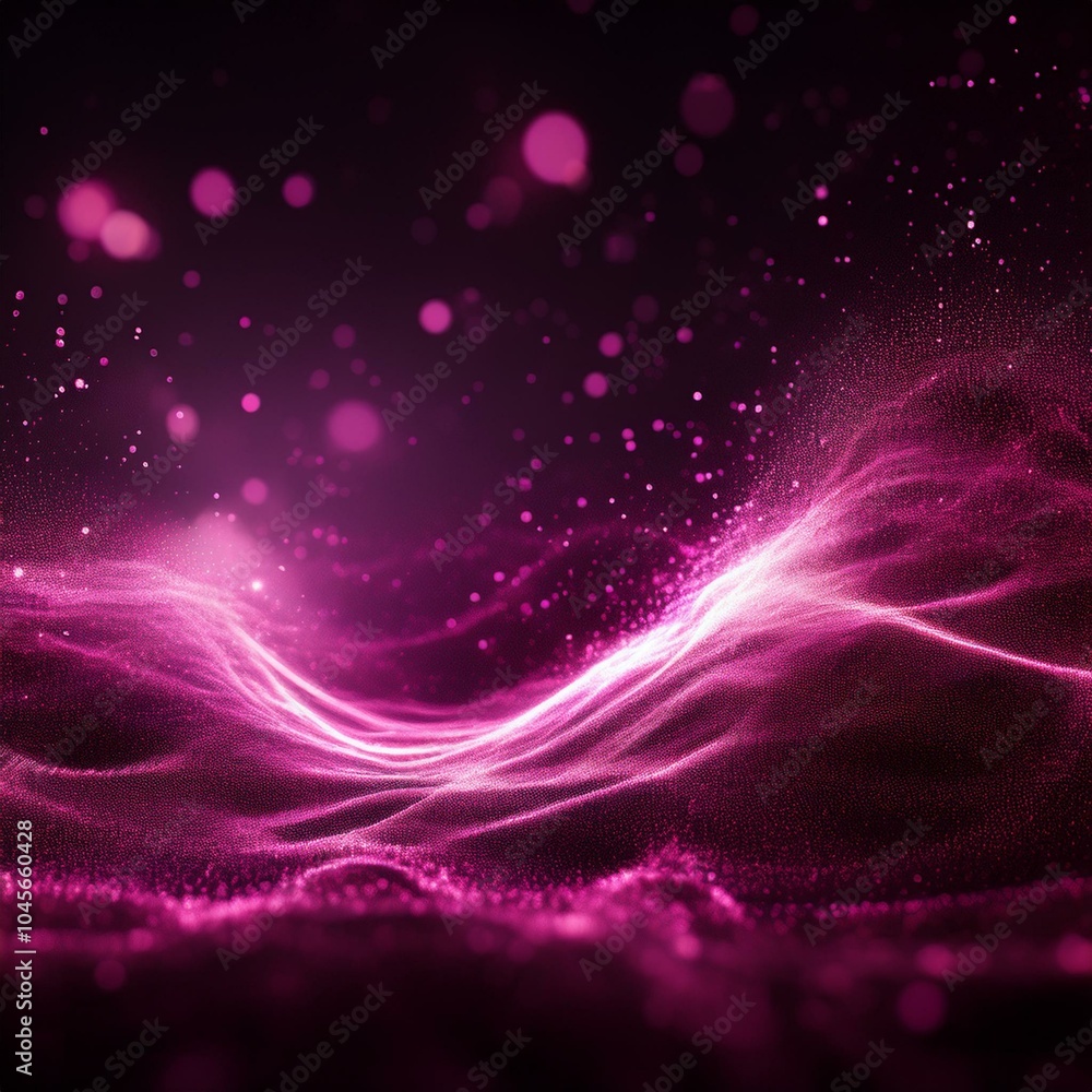 Wall mural abstract background with pink glowing particles and waves on a black backdrop shiny glitter dust in 