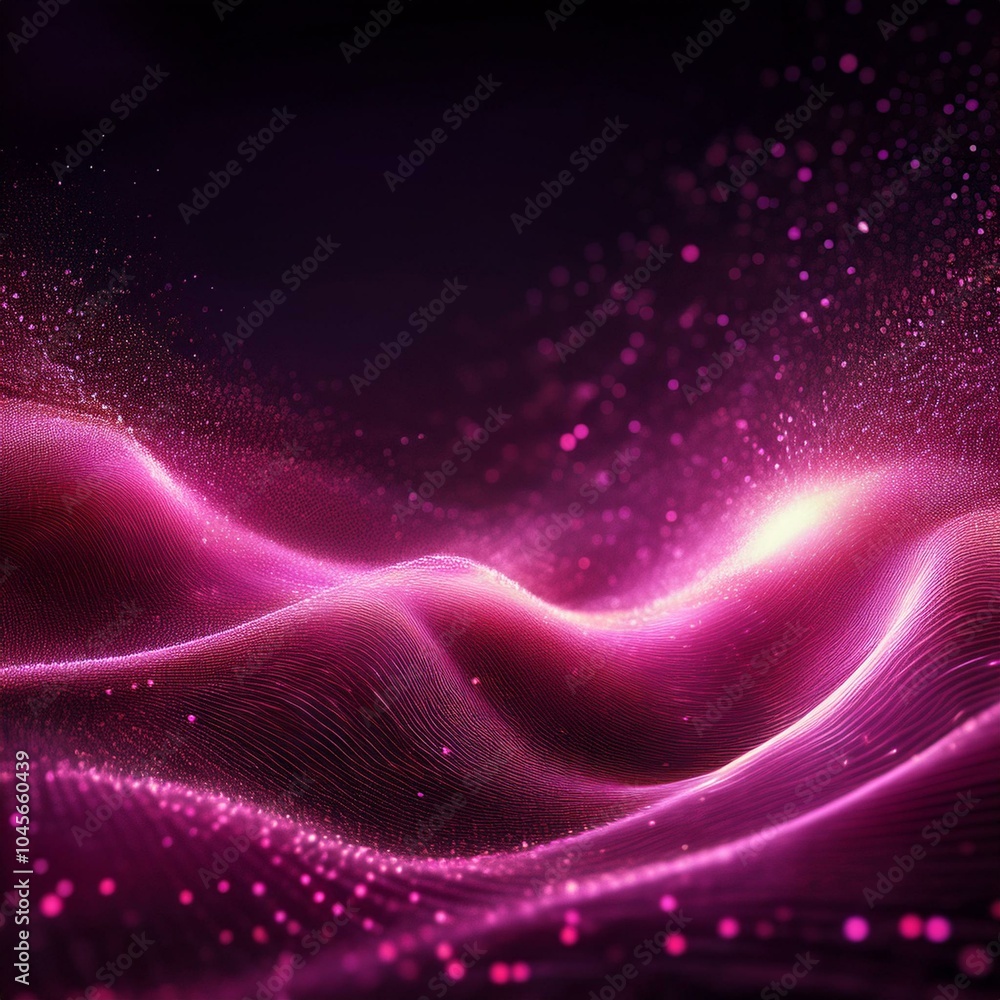 Wall mural abstract background with pink glowing particles and waves on a black backdrop shiny glitter dust in 