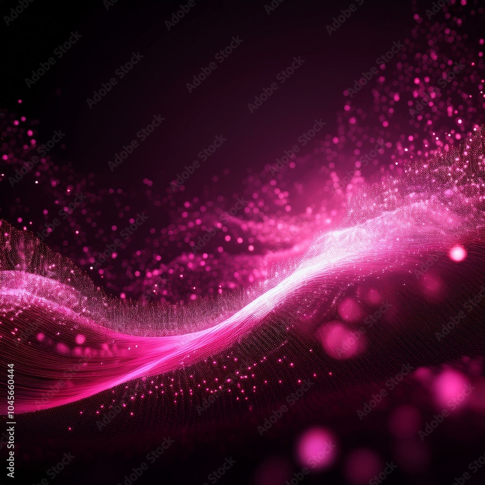 Wall mural abstract background with pink glowing particles and waves on a black backdrop shiny glitter dust in 