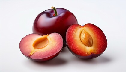 a whole and sliced red plum against a white background natural light isolated on the edges
