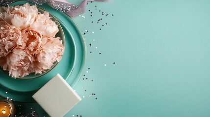 The image offers a luxurious view of peach-colored flowers laid upon a stack of mint green plates, paired with a sleek white gift box, confetti details enhancing vivid charm.