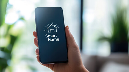 Human hand holding smartphone with house icon and "Smart Home" inscription on blurred room background, technology, mobile phone, home appliance control