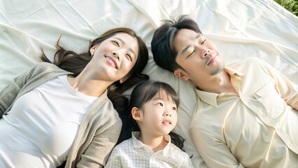 Obraz premium A happy family, including parents and their daughter, relaxes together on a blanket under the sun. Ideal for family, parenting, or lifestyle content focused on happiness and togetherness...