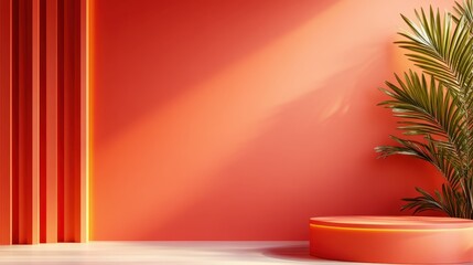 A vibrant orange wall illuminated by natural light, complemented by vertical lines and greenery, featuring a round platform. Brings energy and warmth.